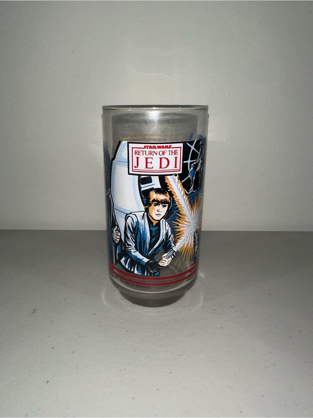 Star Wars Return of the Jedi Clear Glass with Blue and Red Artwork